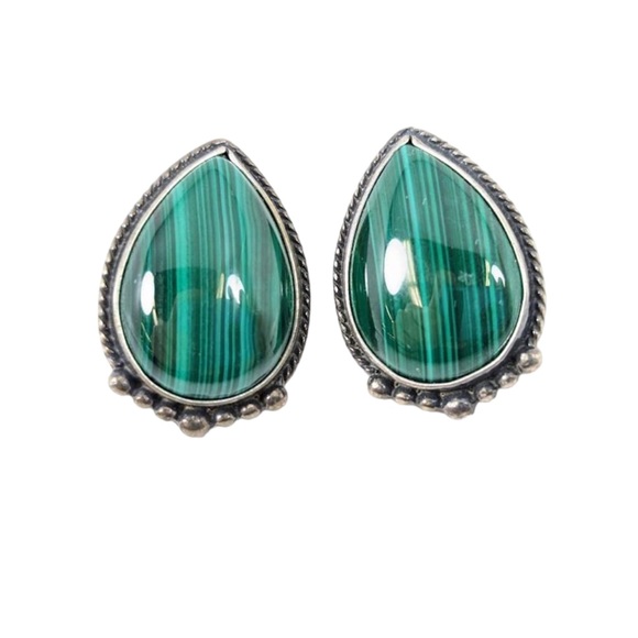 Malachite Pear Shape Sterling Post Earrings Southwest Style Signed “S” EUC - Picture 5 of 5